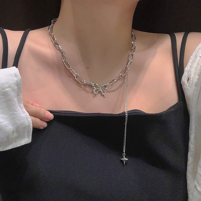 Multilayer  Butterfly  pendants necklace Tassel chain ins niche design clavicle chain personality sweet cool hip-hop jump di clavicle chain necklace