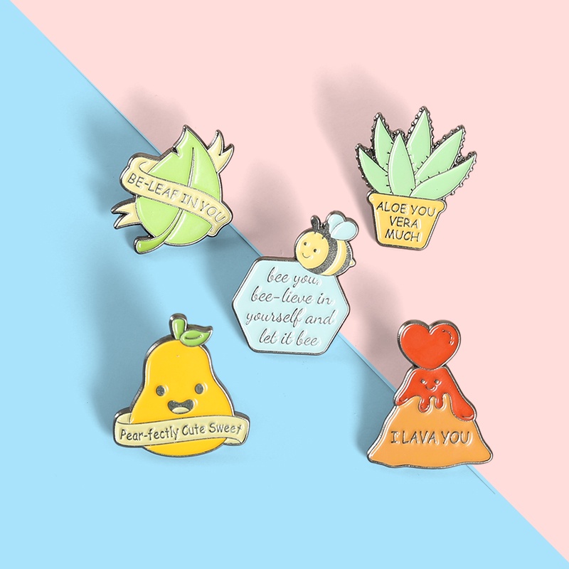 Funny Phrases Banner Enamel Pin Lava Bee Leaf Pear Aloe Brooch Badges Cartoon Plants Jewelry Gift