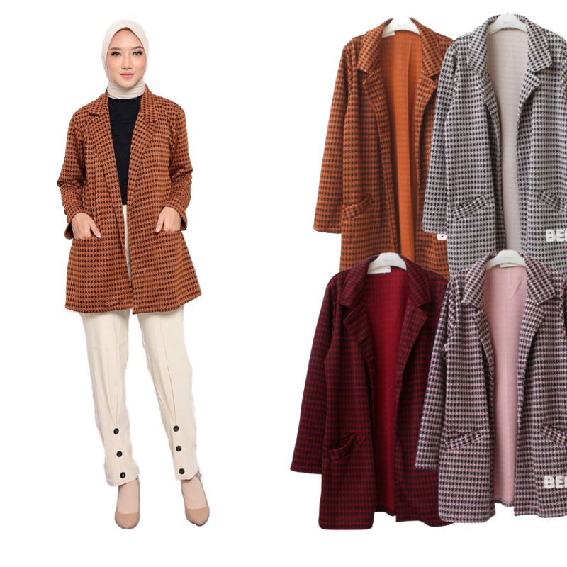 Blazer Wanita Korea Style Trendy Casual Terbaru Houndstooth Berkantong Bahan Tebal Premium Outer Kerja Simpel Murah