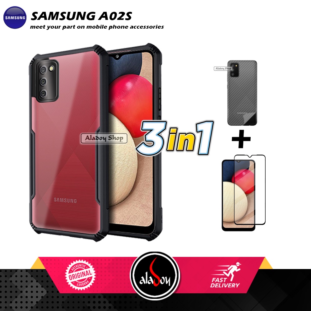 Case SAMSUNG A02S Armor Fushion Transparent Casing + Tempered Glass Full Layar dan Skin Carbon