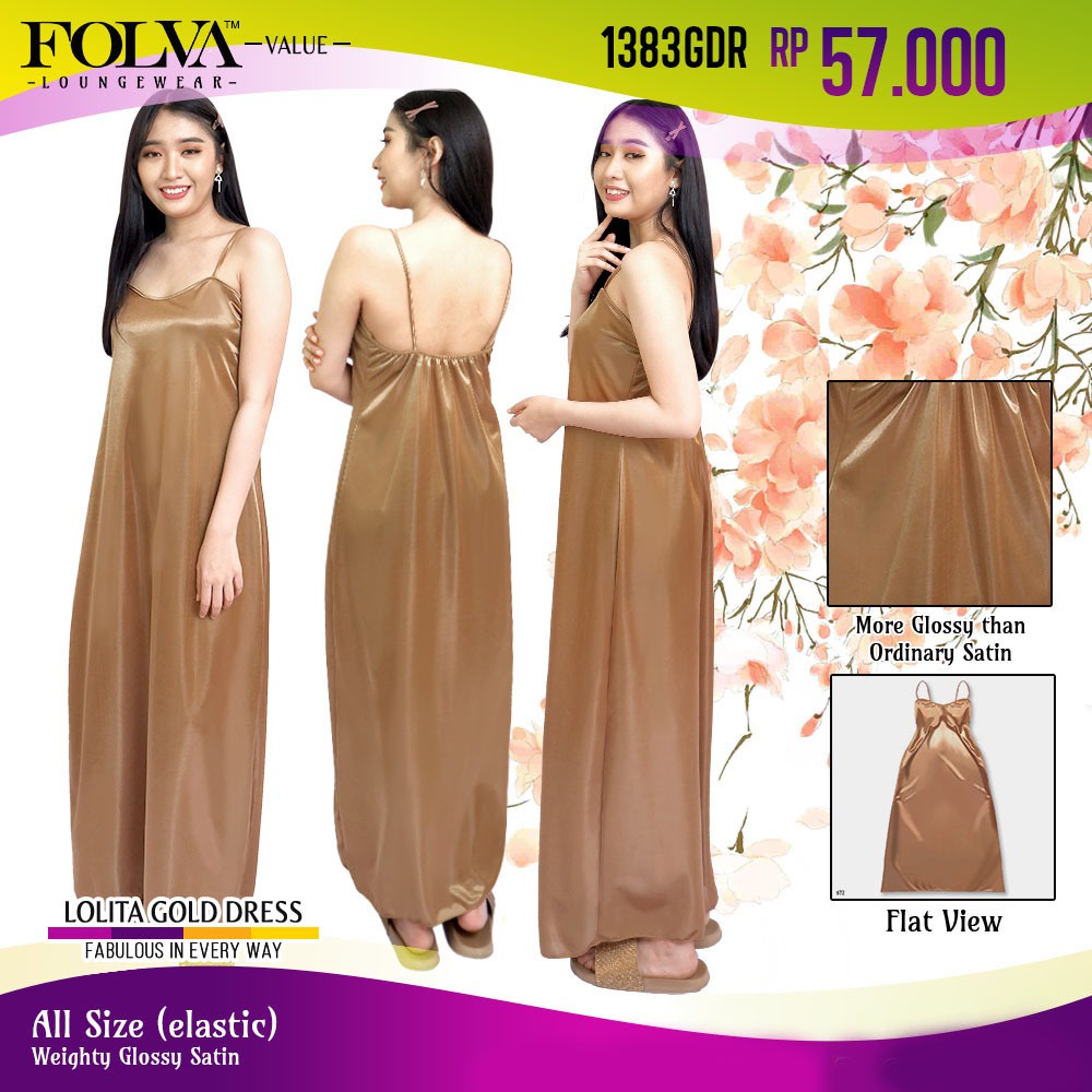 FOLVA tanktop dress baju rumah satin 1383GDR gold all size