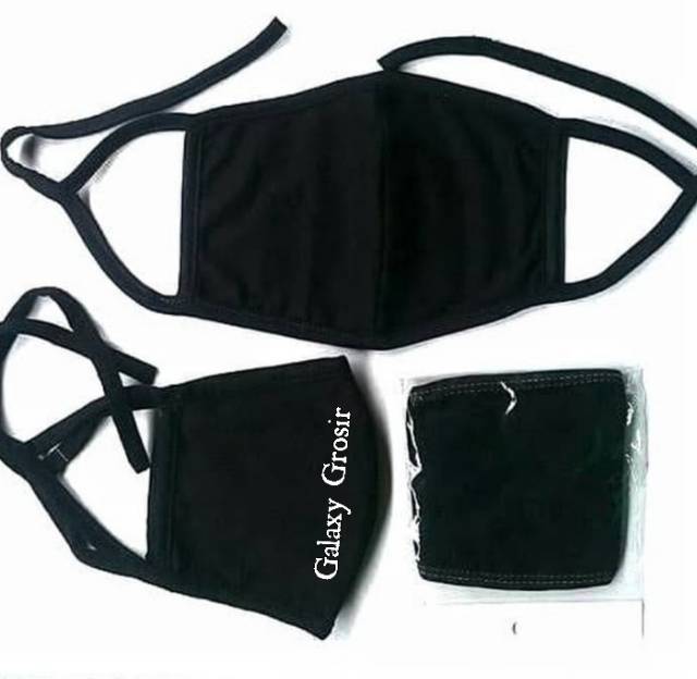 Masker kain polos hitam earloop + headloop laki perempuan bisa dicuci