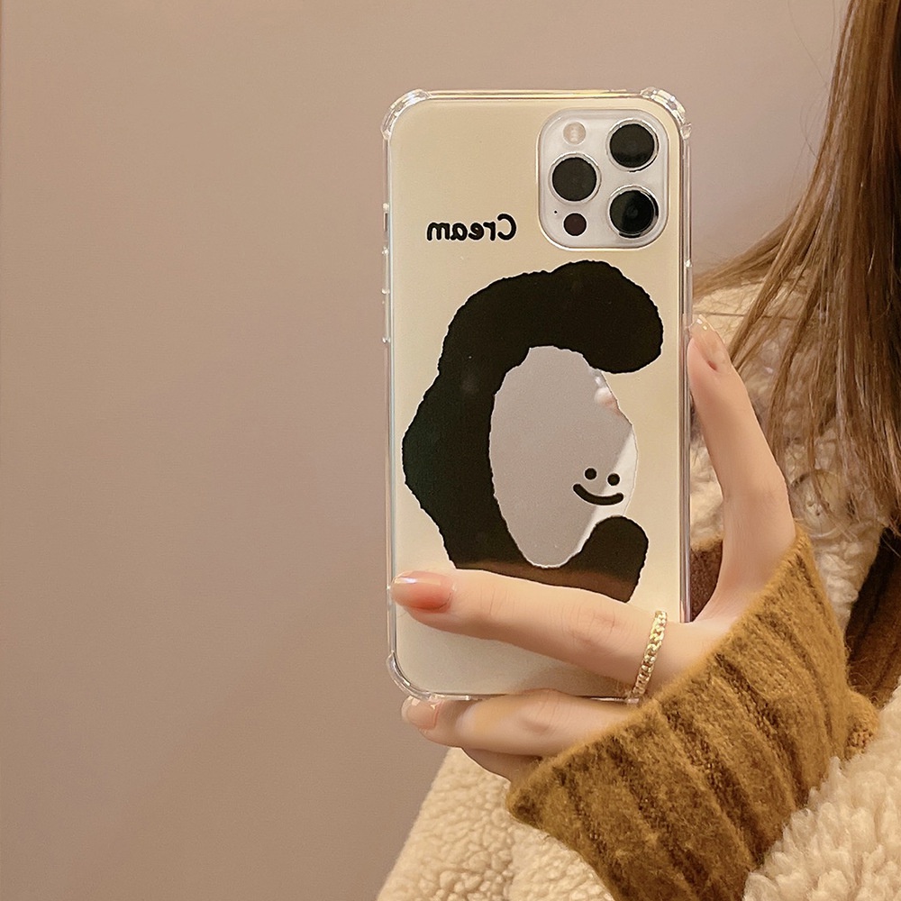 IPHONE Cream Smile Face Mirror Phone Case Penutup Belakang Tahan Guncangan Untuk Iphone7 8 PLUS X XR XS 11 12 13 14 MINI PRO MAX SE 2020