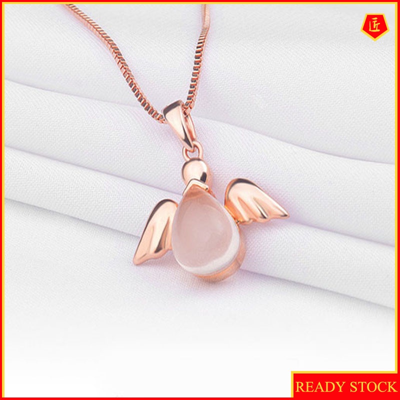 [Ready Stock]Korean Angel Necklace Rose Gold Pink Crystal Women's Pendant Sweet Elegant