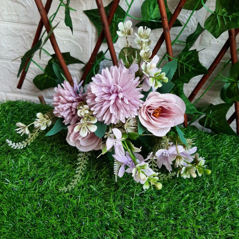 BUNGA MIX MAWAR (16)-BUNGA HIAS-BUNGA ARTIFISIAL-BUNGA PALSU (MWM45)-Ungu