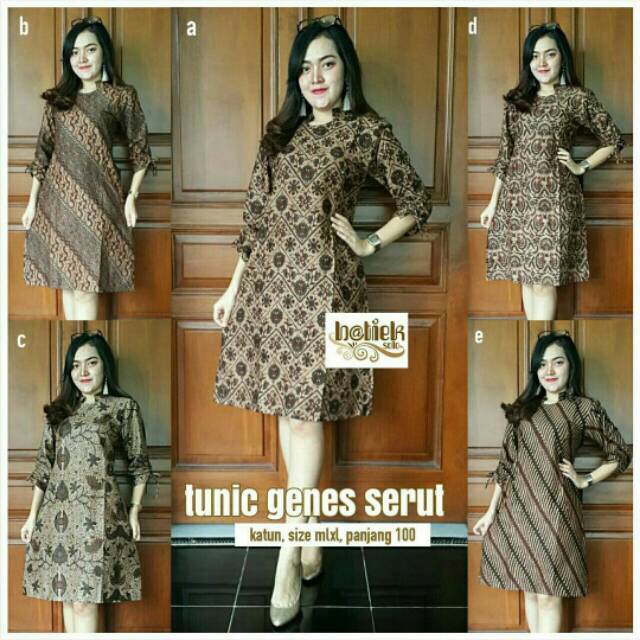 Tunik Genes Serut Dress Batik Sogan Modern Long Dress Seragam Kantor Pesta Muslim