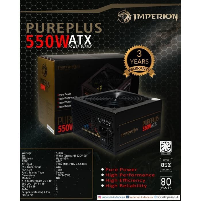 PSU Imperion 550W 80+ PUREPLUS Gaming Power Supply 550 Watt 80 PLUS ORI