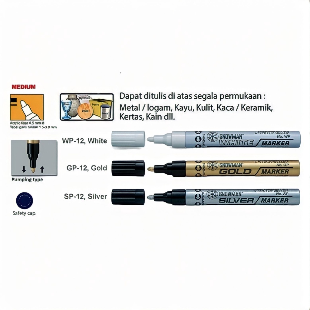 

(Marker) Spidol Paint Marker Snowman Medium Tip Warna Putih, Emas, Perak