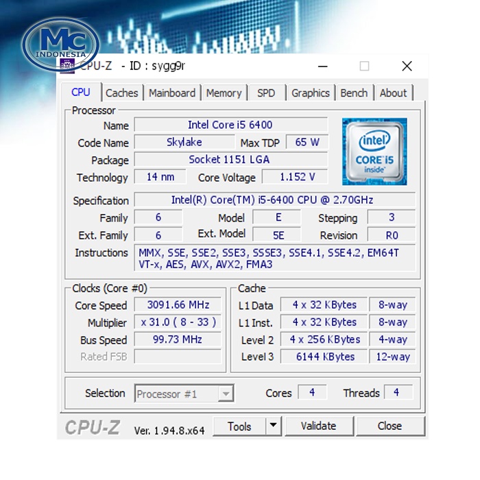 PROCESSOR INTEL CORE I5 6400 + FAN INTEL