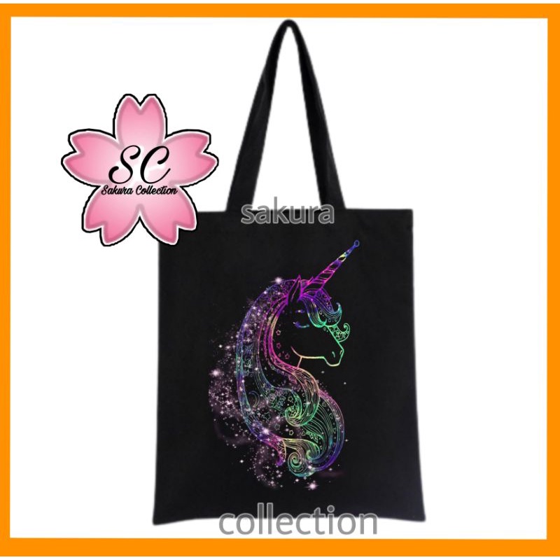 Tote Bag totebag distro UNICORN Kuda Poni disney kartun lucu tote bag canvas resleting pria wanita tas sekolah / tas ngaji / tas kerja / tas belanja unisex canvas kekinian hitam/black tas jinjing / laptop fashion