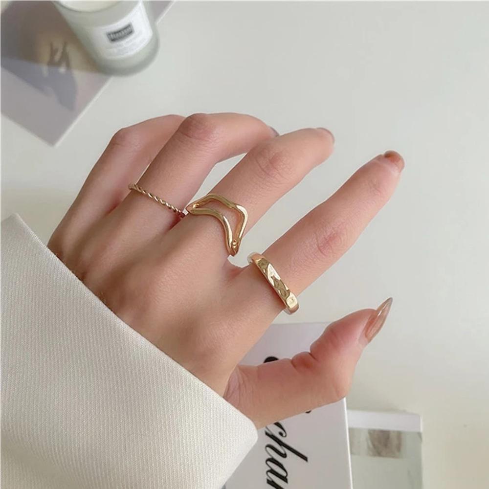 Needway Cincin Set Korea Vintage Rantai Warna Emas Perak Logam Memutar Perhiasan Wanita