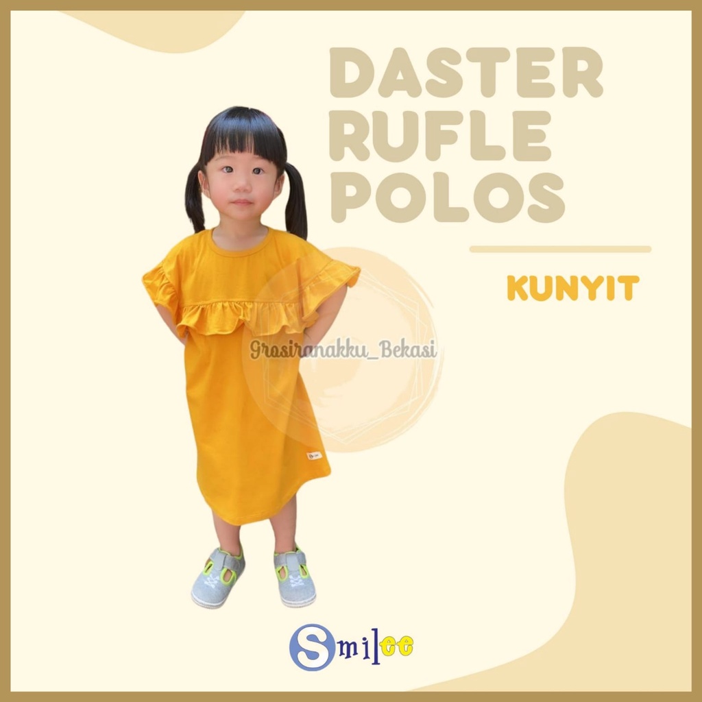 Daster Anak Rufel Polos Smilee Warna Kuning Kunyit Size 1-5Tahun