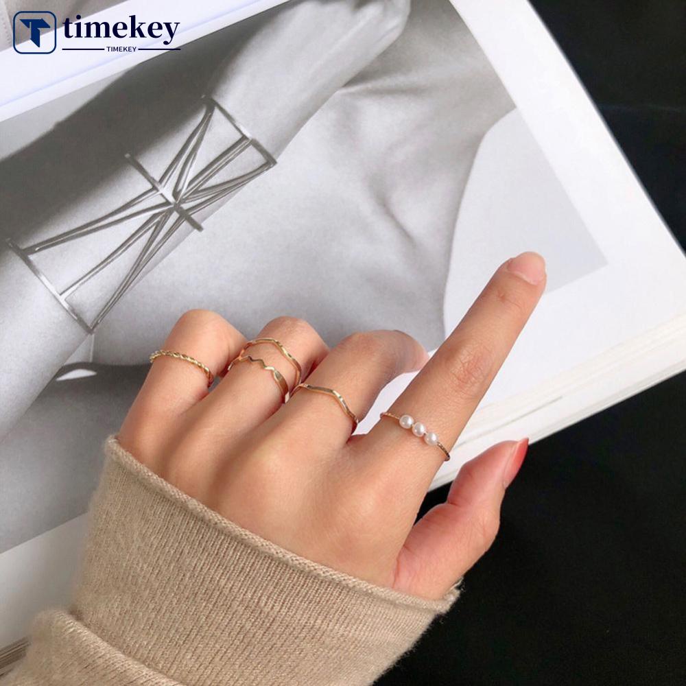 Timekey 5PCS / Set Cincin Terbuka Pola Geometri Gelombang Warna Emas Untuk Wanita A8K2