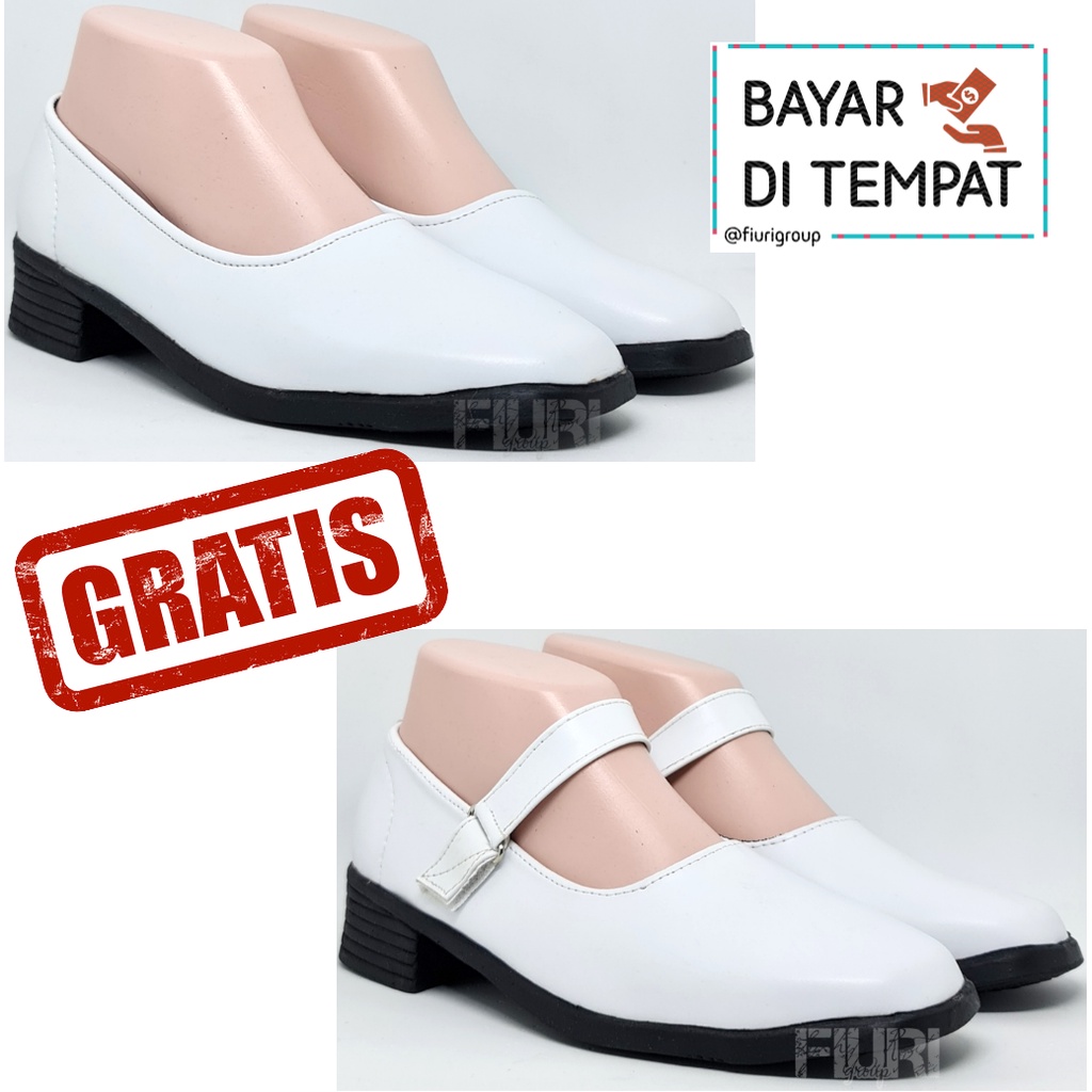 FIURI - Sepatu Pantofel Wanita Putih Polos Perekat 36-42 Bonus Putih Tali Hak 3cm - Sepatu Sekolah Perawat Suster Bidan Paskib Hak Tahu 3 cm Upacara Paskibra - Sepatu Formal Perempuan SD SMP SMA Pelatihan Ospek Kerja Kantor Resmi Kulit Murah Promo Diskon