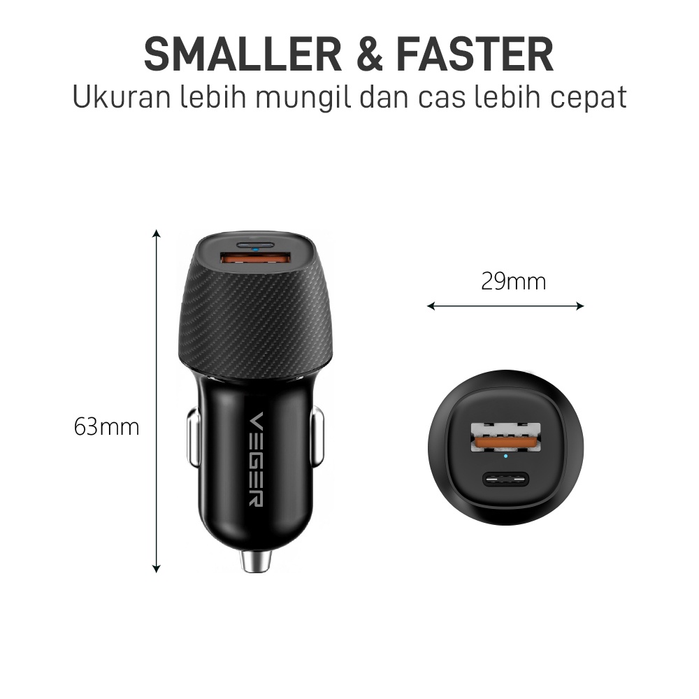 Veger Car Charger Mobil GQ20 2 Ports Quick Charge QC 3.0 + PD 20Watt