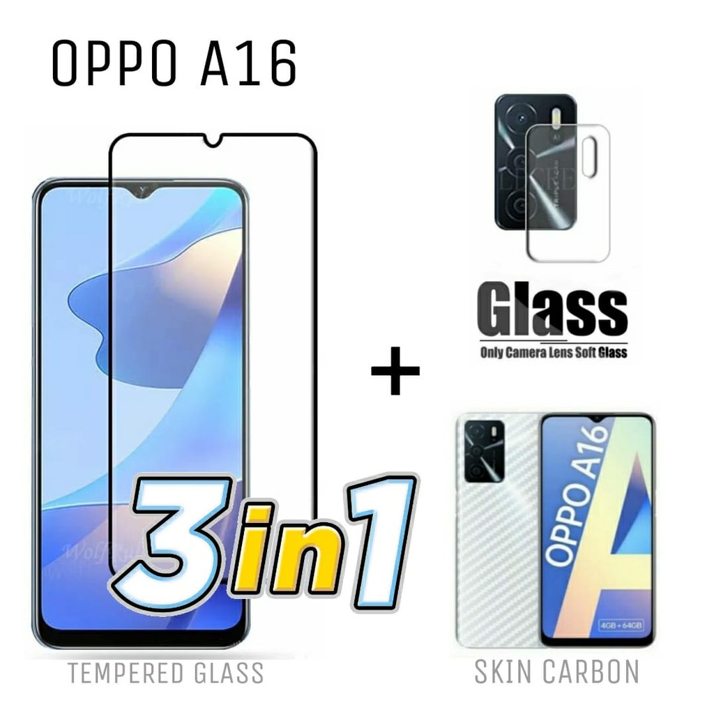 Tempered Glass OPPO A16 Paket 3in1 Tempered Glass Layar Free Tempered Glass Camera dan Skin Carbon