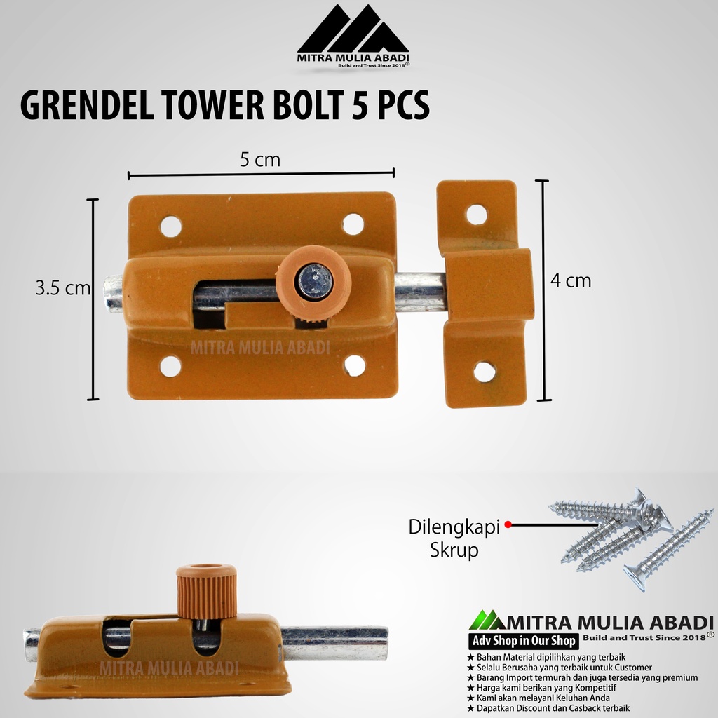 Grendel Tower Bolt VOC Slot Pintu 5pcs Jendela 2 Inch / 5 cm l Skrup