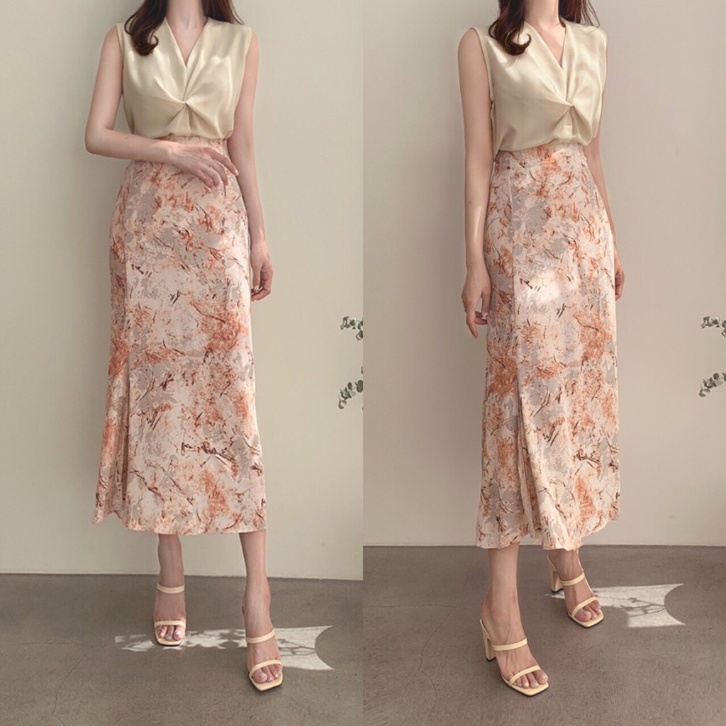 [FG] Soft Tone Silk Top & Marble Skirt Set SET6340-7