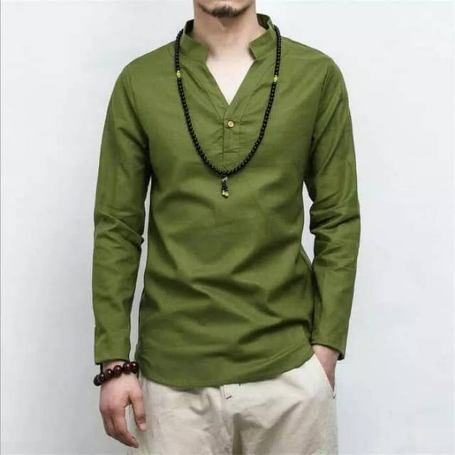 New Baju Koko Tasbiah Green Hijau Army Cowok Pria Katun Twill