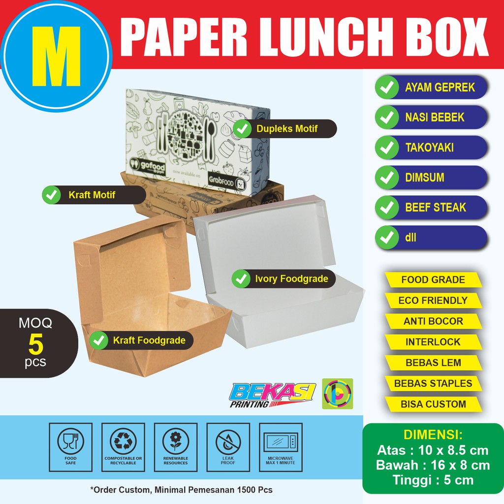 

Paper Lunch Box Foodgrade Kotak Nasi Kertas / Dus Makanan / Take Away Size MEDIUM 18x10,5x5 cm