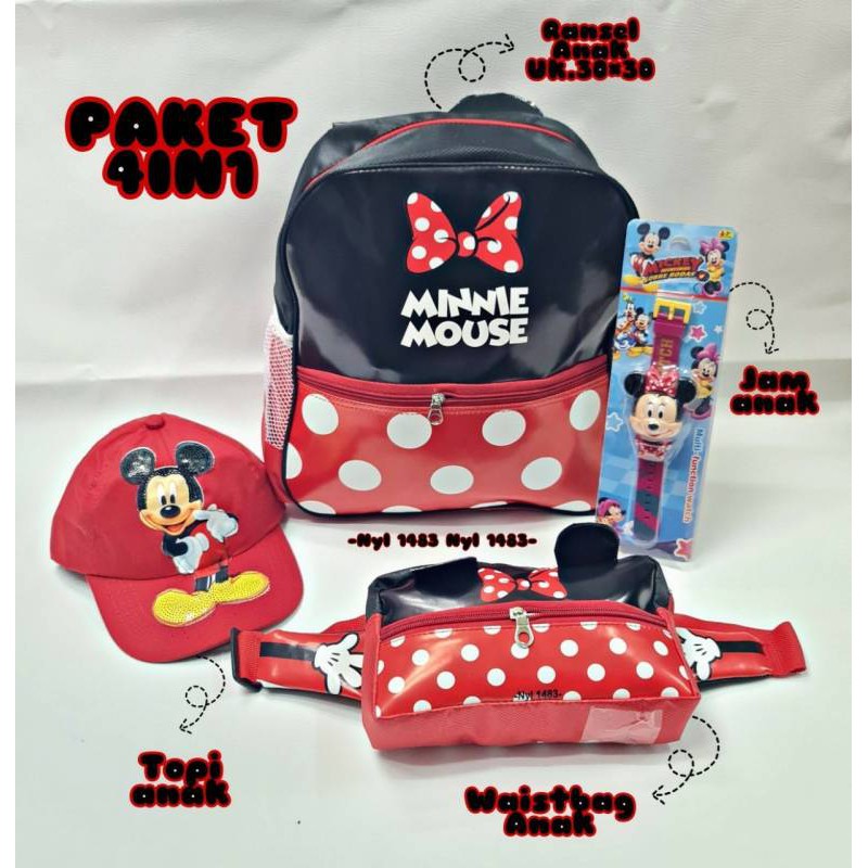 PAKET HEMAT 4IN1 ^^ Ransel/Travelbag -- Topi printing - Jam tangan - Waistbag Anak Perempuan