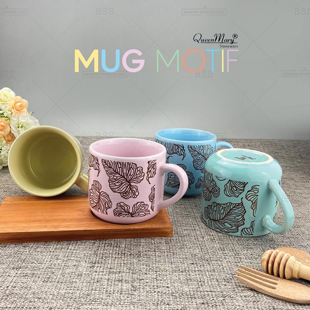 Gelas Mug 300ml Keramik Warna Pegangan Motif Daun Cantik Murah Tebal Tahan Panas
