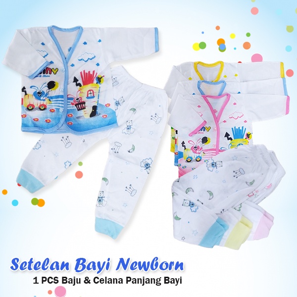 1 Pasang Setelan Baju dan Celana Panjang Bayi Newborn Motif Karakter Lucu