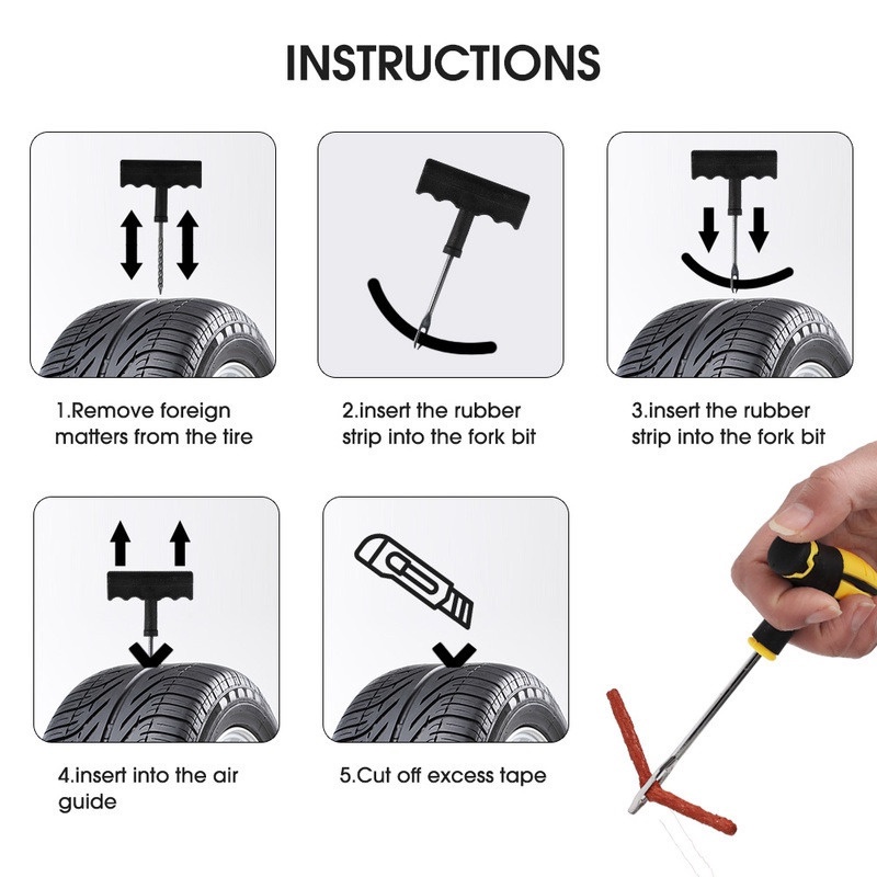 Set Alat Reparasi Tambal Ban Mobil / Truk / Motor / Sepeda Dengan Strip Karet