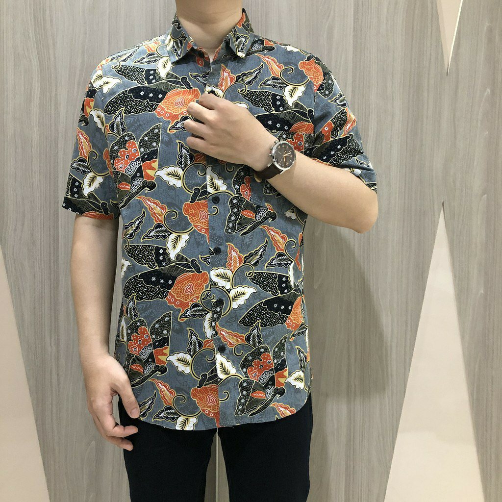 [gridline - R046 Grey] Kemeja Batik Pria Katun Lengan Pendek Regular