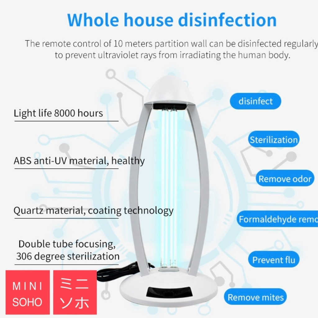 Lampu UV Sterilizer Disinfection UV Light 38W Free masker 50pcs. Remot Timer Anti Covid, VIrus dan Bakteri. Disinfectant Sterilize Remote