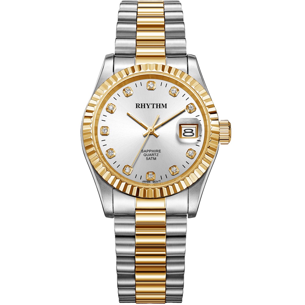 JAM TANGAN PRIA RHYTHM RQ1609 S09 RQ1609S09 ANALOG SILVER GOLD COMBI DIAL SILVER STAINLESS STRAP