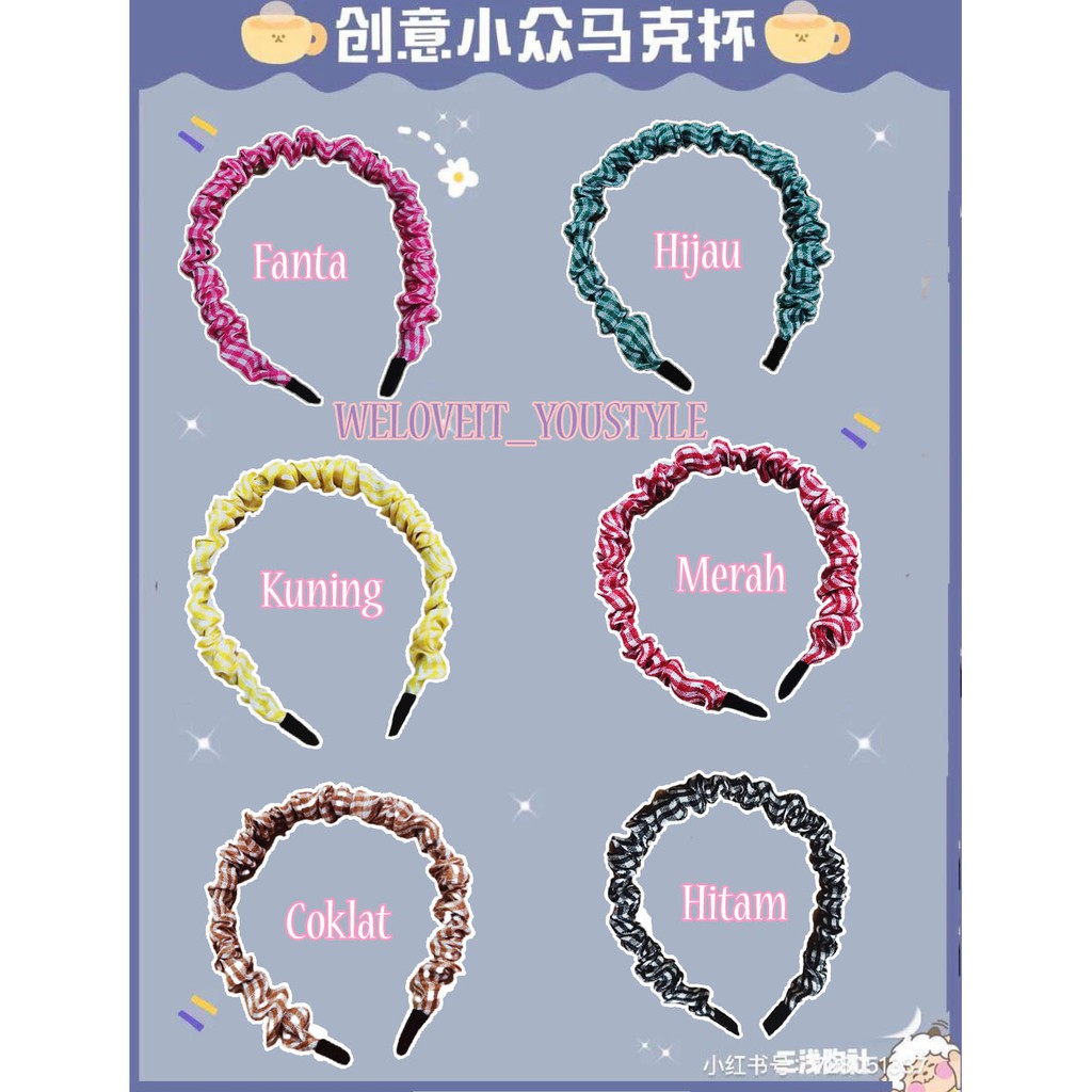 Bando Kerut Korea Motif Kotak Kotak / Scrunchie Headband Square