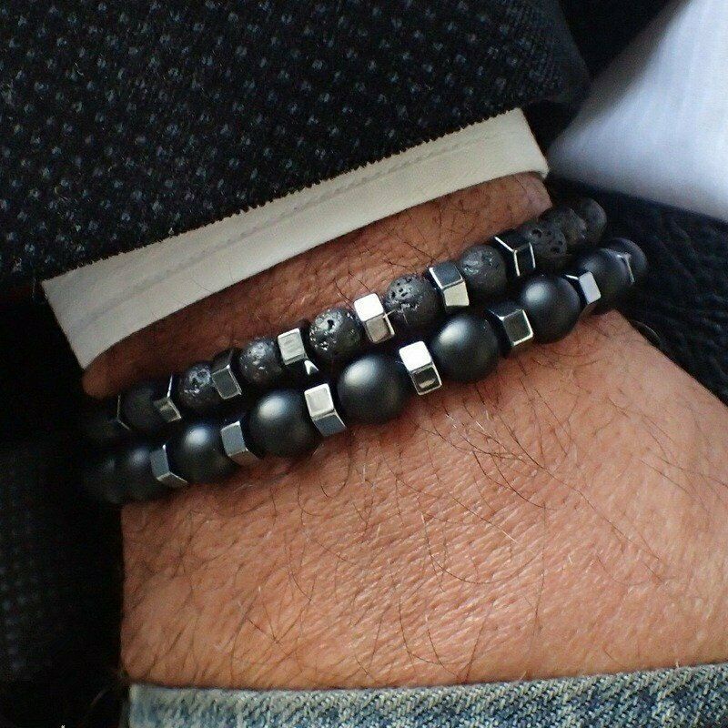 3pcs Gelang Manik-Manik Batu Hematite Warna Hitam Untuk Pria