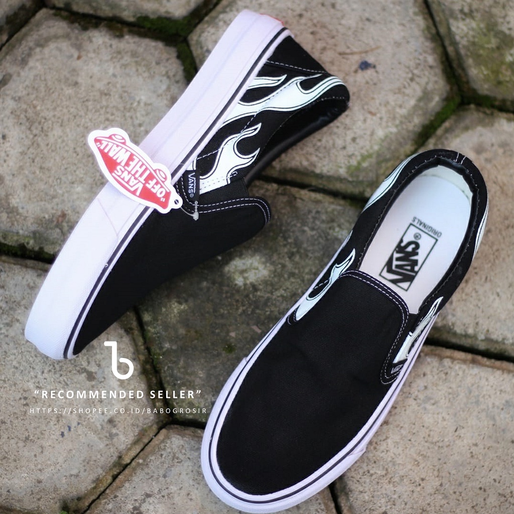 PROMO Sepatu Slip On Pria dan Wanita | Vans Slip On Flame Black White TOP Premium, Kualitas Original Harga Murah