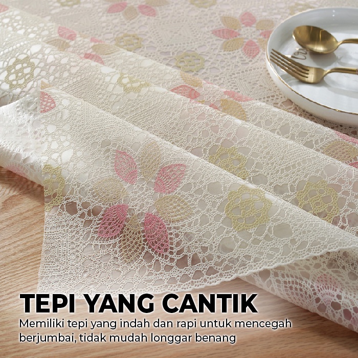 Taplak Meja Meteran Premium Motif Bunga High Quality Elegan PVC Tebal Dekorasi Rumah Ruang Tamu Ruang Makan Import - D21-W - 88Blanketstore