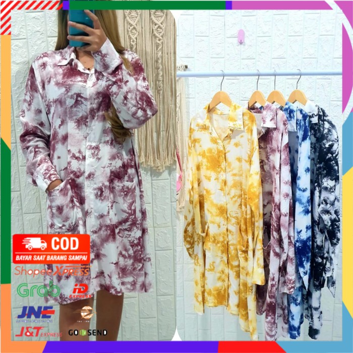 ✨ BISA COD ✨ TUNIK LONG DRESS JUMBO TYE DYE LD112 - Merah bata
