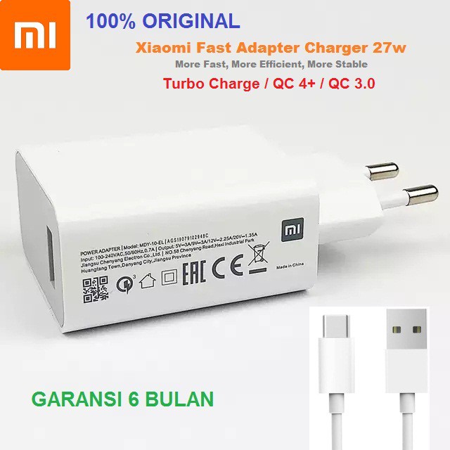 Charger XIAOMI Turbo 27W Mi 9 Note 8 Note 9 Note 10 Pro MDY-10-EL + Type C Original