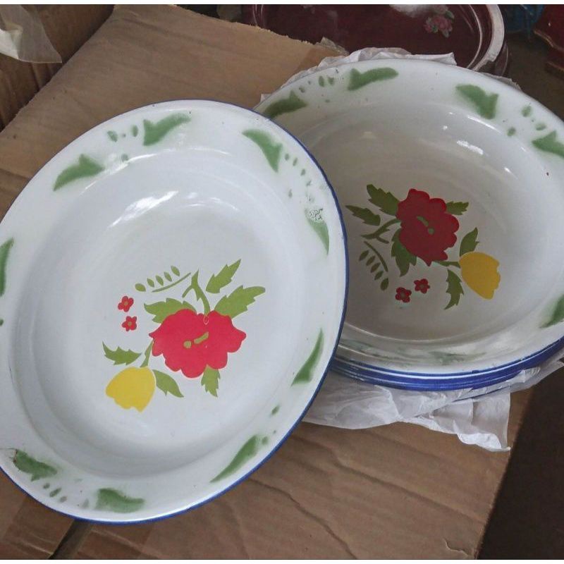 1 Lusin piring seng enamel motif bunga diameter 20 cm / piring jadul / piring makan / piring anti pecah / piring makan murah