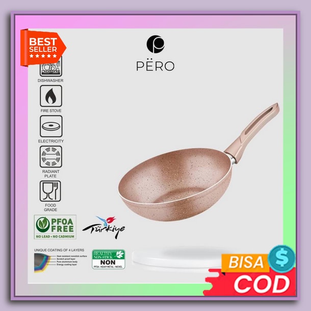 Panci Set Enamel 3 Susun Motif Bunga + Tutup Kaca 16 18 20 Cm 1618 Pero Wok Pan 24Cm - Rosegold