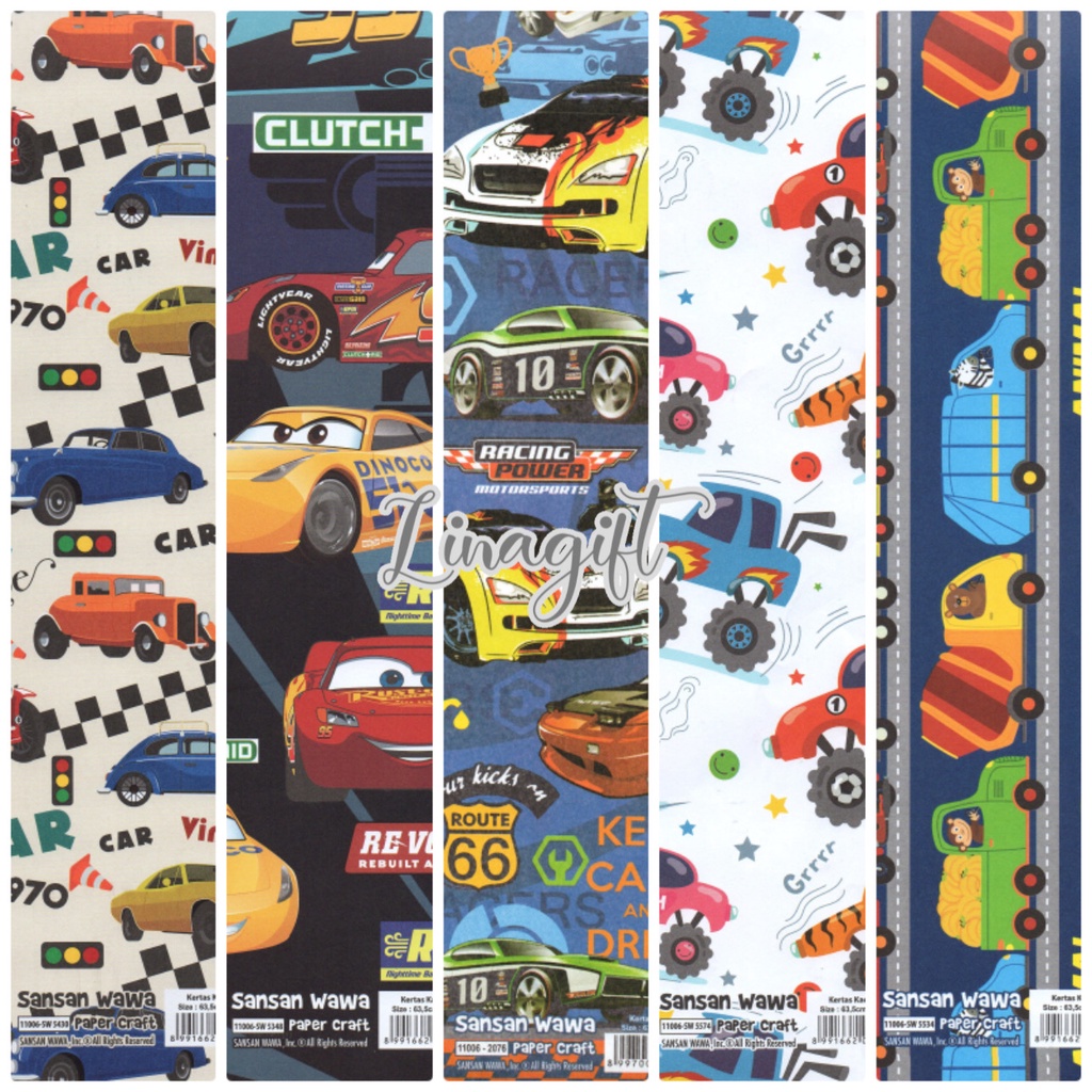 ( 5 Lembar ) CARS SANWA - KERTAS KADO MOBIL TRUK TAYO - GIFT WRAP PAPER TRUCK CAR TAXI BUS