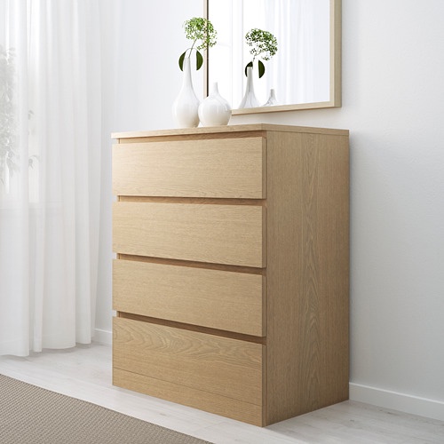 MALM Lemari 4 laci, putih / hitam cokelat / kayu oak / cokelat kayu ash, 80x100 cm