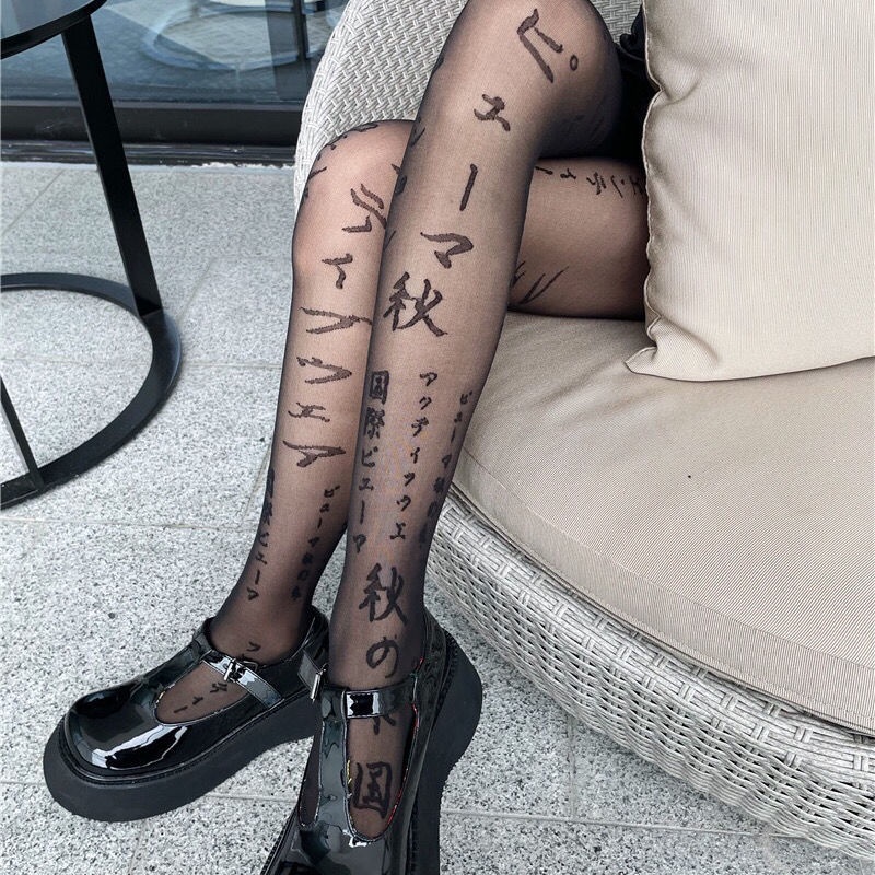 PH-39 pantyhose stocking coretan kanji putih hitam lolita japan celana legging panty hose