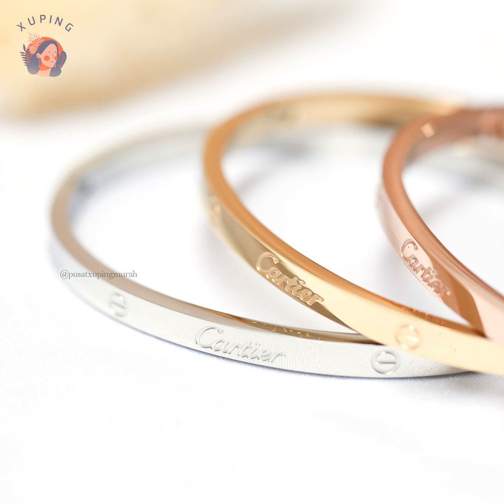 CARTIER GELANG TITANIUM PERMATA PERHIASAN PREMIUM QUALITY POLOS SET 3 STAINLESS STEEL