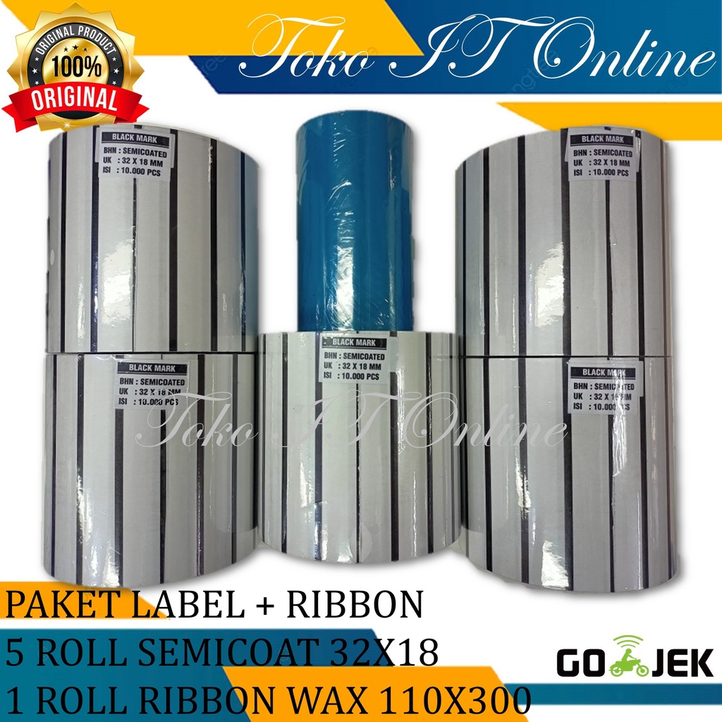 PAKET LABEL BARCODE SEMICOATED 32X18 5 ROLL+1 ROLL RIBBON WAX 110X300