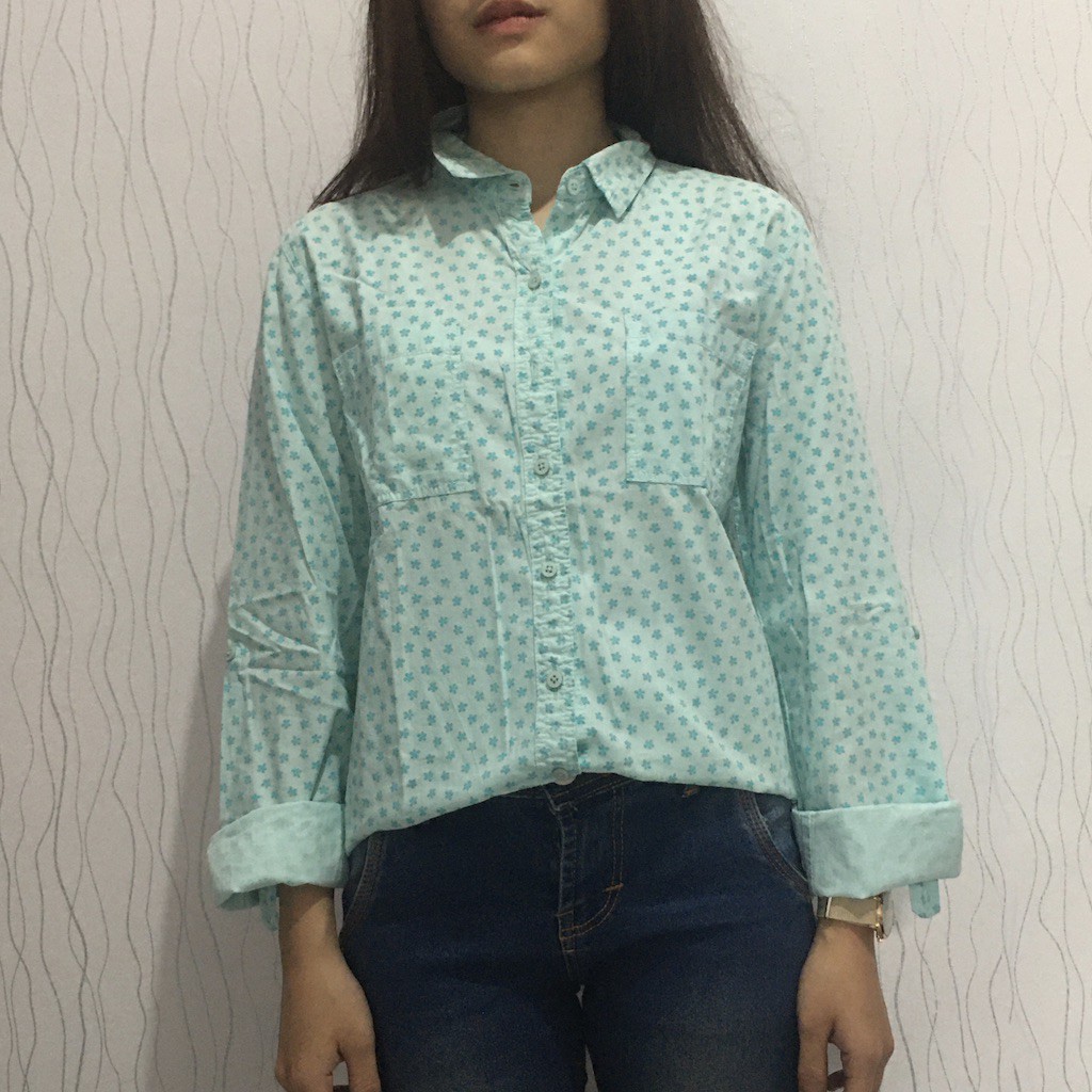 atasan wanita kemeja shirt hijau tosca bunga flower nevada 100% original