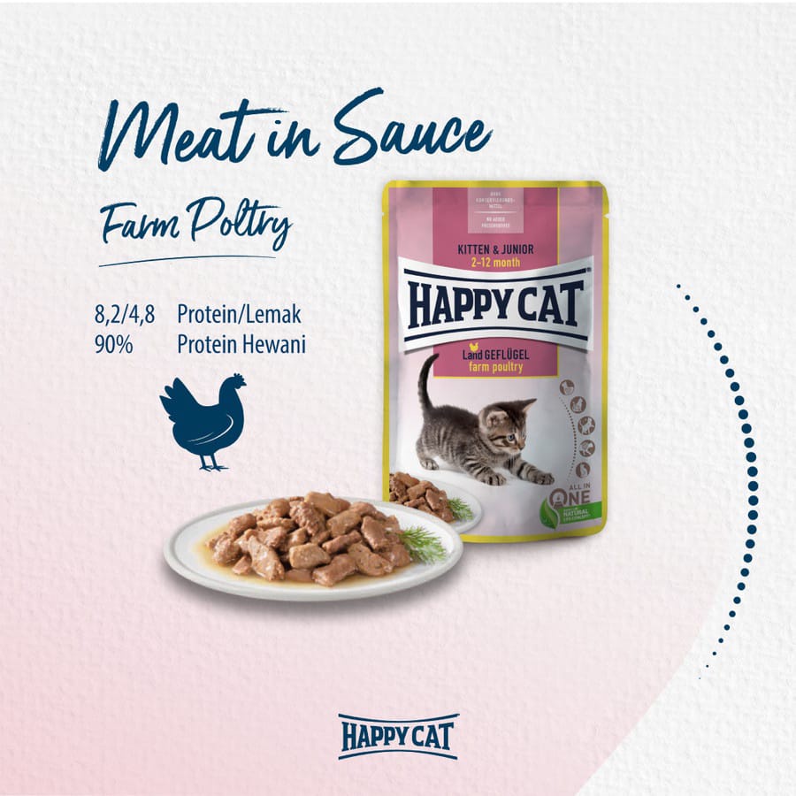 HAPPY CAT POUCH SOUCE YOUNG KITTEN &amp; JUNIOR  FARM DUCK 85 GR MAKANAN KUCING ANAK BASAH