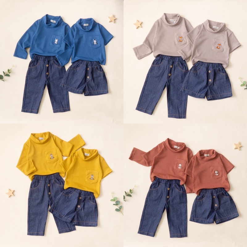 BOOMI SET TURTLENECK PENDEK Setelan Couple Waffle Jeans lengan dan celana pendek