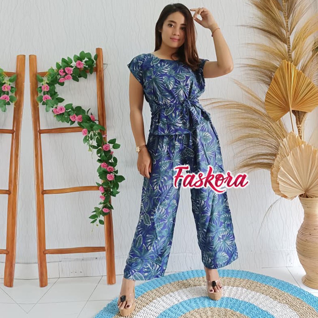 Set Piyama Motif Jumbo Celana Panjang Monstera / Piyama Lengan Pendek Celana Panjang / Pajamas Rayon