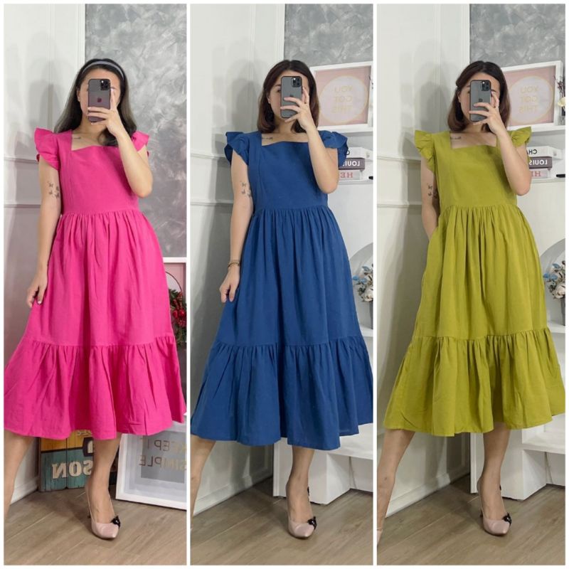 ⚡️ SALE ⚡️ PREMIUM ♡ ORIGINAL ! ALLECIA STABILO VINTAGE PLAIN RUFFLE LESS SLEEVE TRAP  MIDI LAYER DRESS