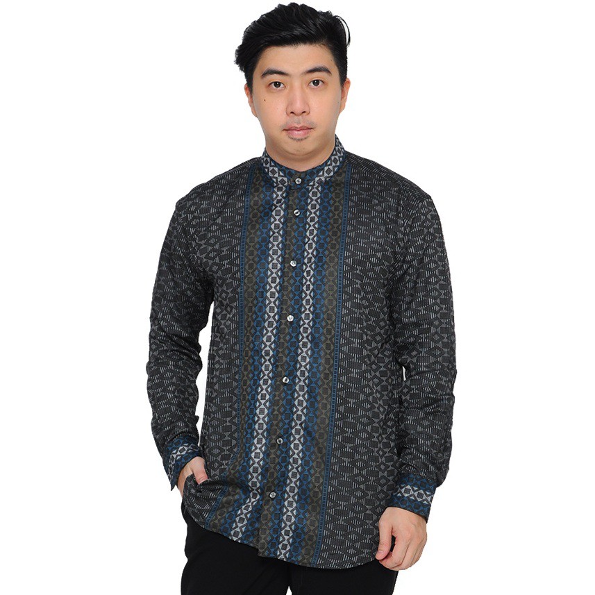 MANNERS Kemeja Koko Pria Lengan Panjang Warna Hitam Motif Premium